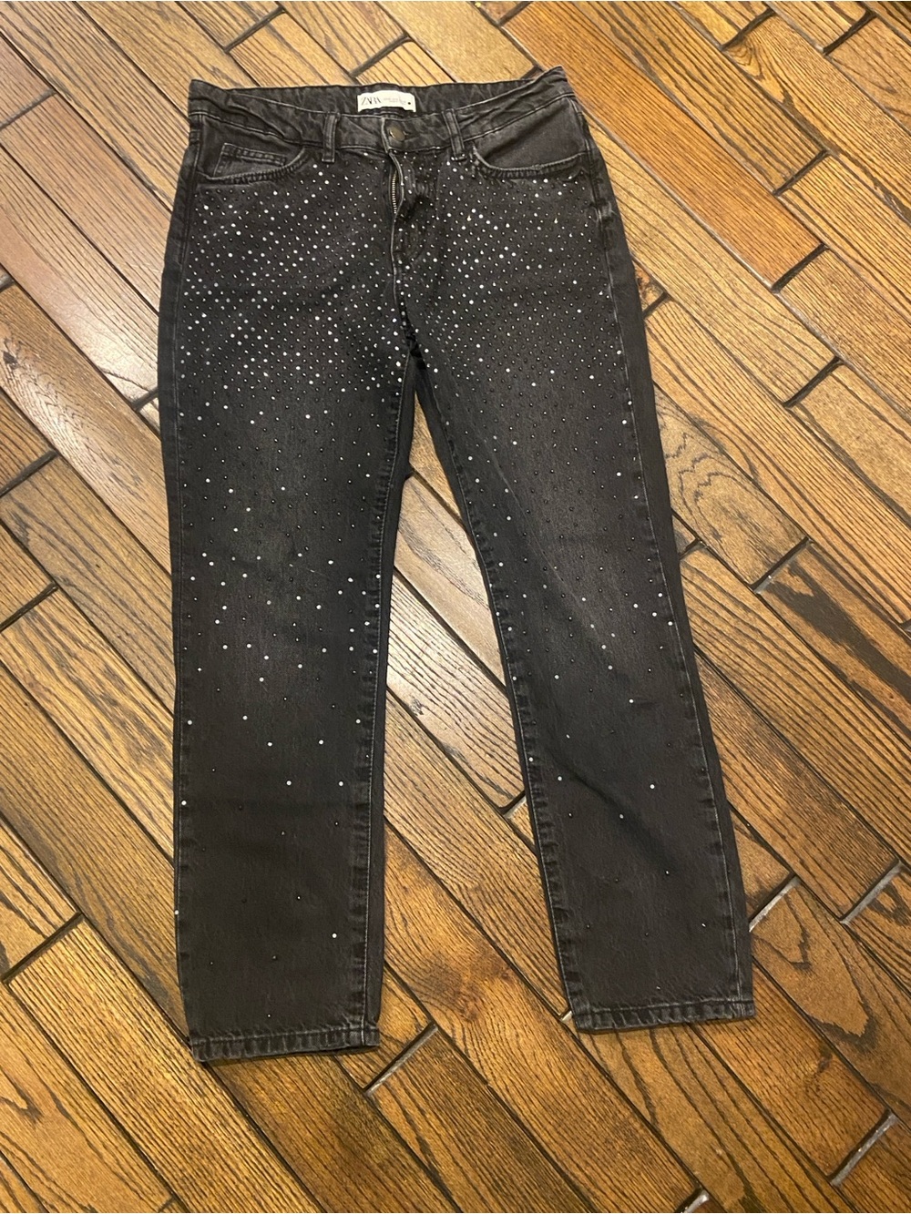 Zara Black Straight-Leg Cropped Jeans with Studded Sparkle details on front US 6